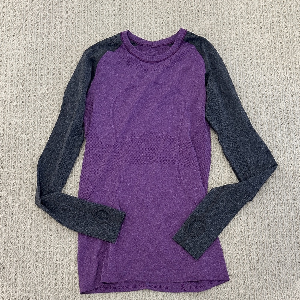 Lululemon Purple & Gray Swiftly Tech Long Sleeve Shirt Hip Length w/ Thumbholes